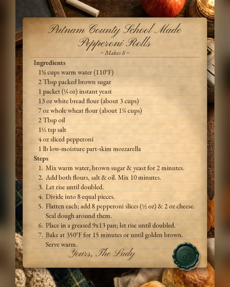 The Lady's handwritten-style recipe card for Putnam County School Made Pepperoni Rolls, makes 8, with a green wax seal