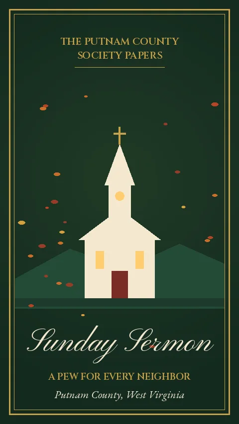 Sunday Sermon title card: a white country church with a lit steeple among autumn hills